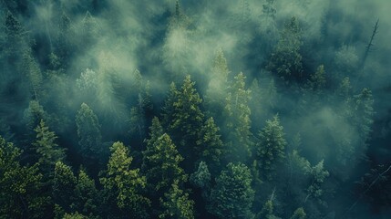Obraz premium Aerial view of sunrise in foggy forest