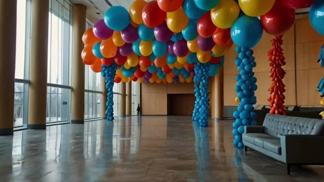 colorful balloons on the roof and walls