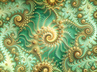 Abstract geometric golden pattern on a green background, fractal shining ornament, desktop wallpaper