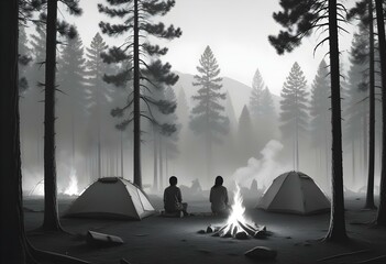 A black and white illustration depicting a camping scene with a tent surrounded by pine trees in the foreground