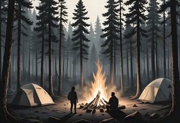 A black and white illustration depicting a camping scene with a tent surrounded by pine trees in the foreground