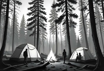 A black and white illustration depicting a camping scene with a tent surrounded by pine trees in the foreground