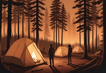 A black and white illustration depicting a camping scene with a tent surrounded by pine trees in the foreground