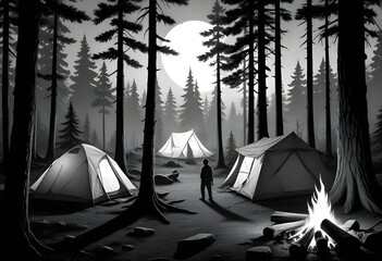A black and white illustration depicting a camping scene with a tent surrounded by pine trees in the foreground