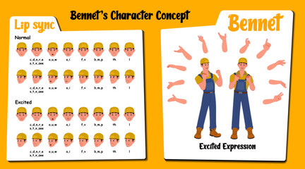 Handyman cartoon Creation AKA Bennet. Man Wearing Overalls with tools, Equipment, Excited face expressions and lip sync. Set of Handyman with various hand gesture and front and 1/3 standing pose.