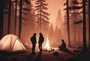 A black and white illustration depicting a camping scene with a tent surrounded by pine trees in the foreground