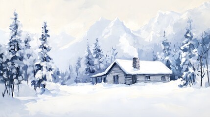 Fototapeta premium A mountain cabin surrounded by snow-covered trees with smoke rising from the chimney