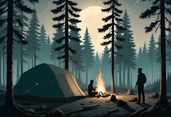 A black and white illustration depicting a camping scene with a tent surrounded by pine trees in the foreground