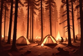 A black and white illustration depicting a camping scene with a tent surrounded by pine trees in the foreground