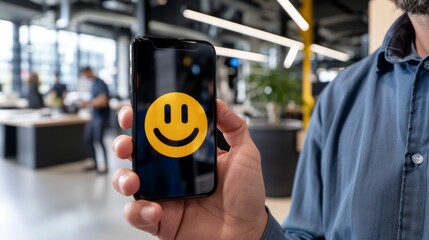 Fototapeta premium Close-up Hand Holding Mobile Device with Happy Emoji for Business Feedback