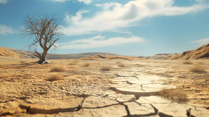 Solitary Tree Standing in a Vast Arid Desert Landscape Under Blue Sky