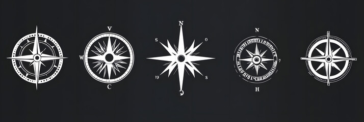 Compass icon set, navigation symbols collection, wind rose icons, nautical compass vector, directional icons, map navigation tools, vintage compass design, maritime navigation elements