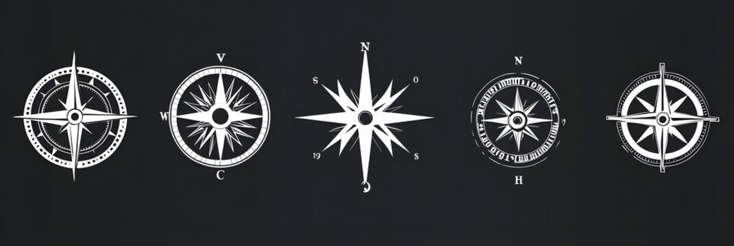 Compass icon set, navigation symbols collection, wind rose icons, nautical compass vector, directional icons, map navigation tools, vintage compass design, maritime navigation elements