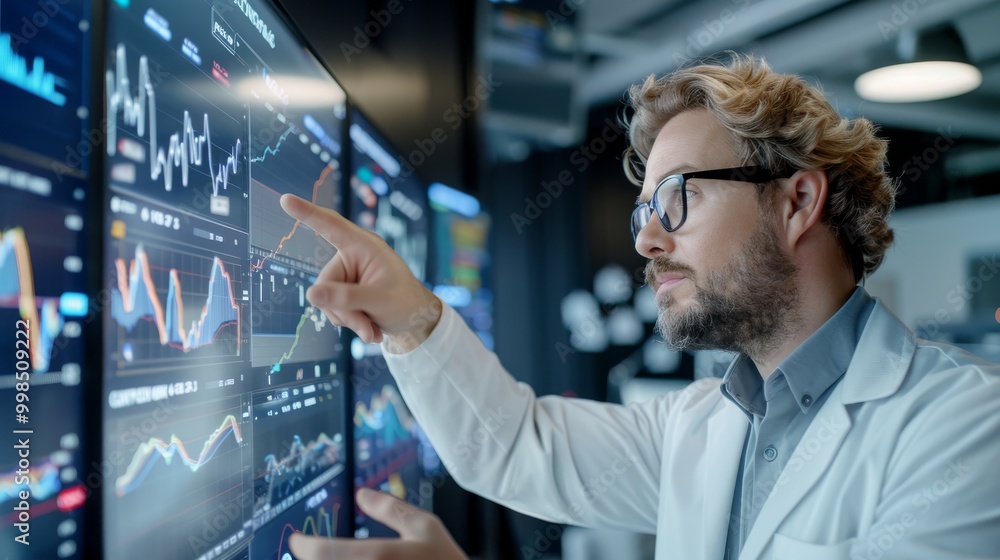 Poster professional in office pointing at screen with stock prices and ai predictions