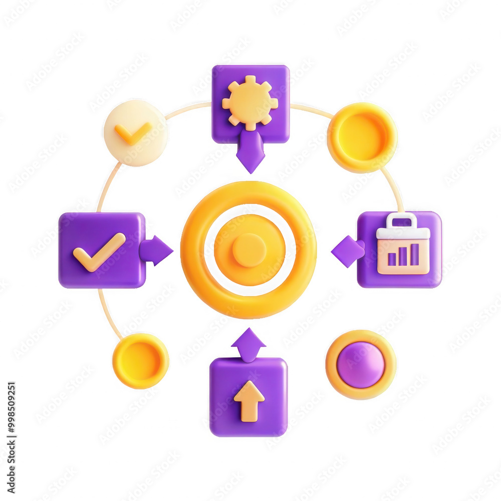 Poster a vibrant 3d illustration featuring various icons representing workflow processes, colors include ye