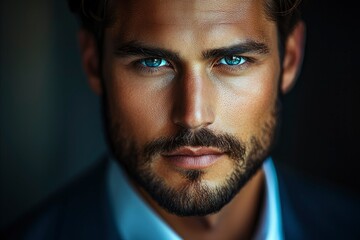 Fototapeta premium Close-up Portrait of a Handsome Man with Blue Eyes and a Short Beard