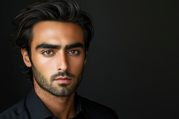 Fototapeta premium A Close-Up Portrait of a Young Man with Dark Hair and a Stubble Beard