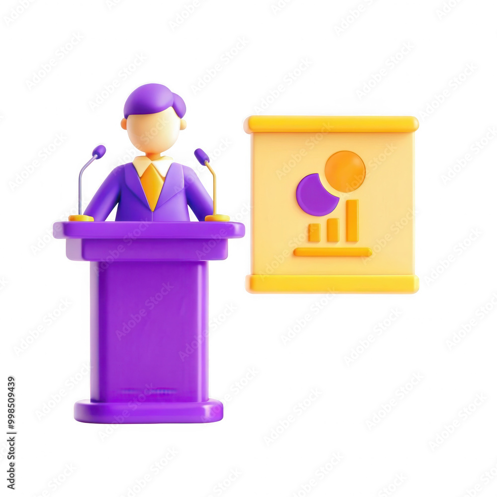 Poster a 3d rendered figure representing a conference speaker at a podium with a presentation chart beside.