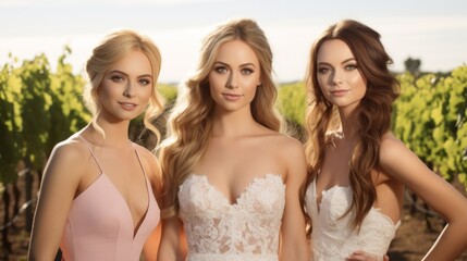 Three happy beautiful brides together outdoors in daytime. Neural network ai generated art
