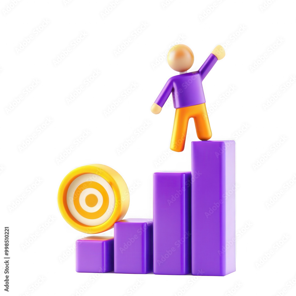Poster a 3d render of a colorful graph with a character celebrating atop it. the graph symbolizes upward gr