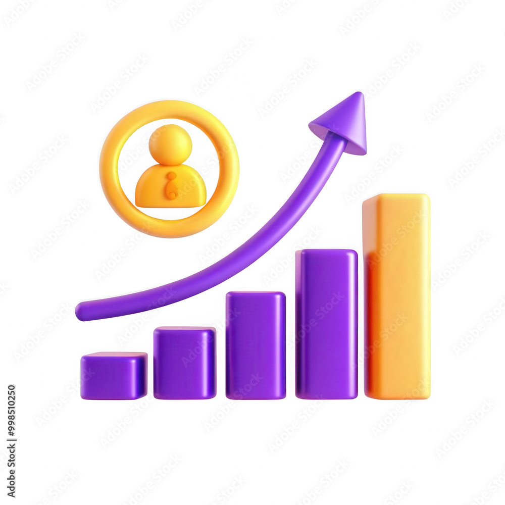 Poster a colorful 3d representation of a bar chart showing growth, featuring an icon of a person to indicat