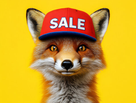 Ein schlauer Fuchs hat eine Sale Cap auf. Gestaltungskonzept f&uuml;r Rabat, Verkaufsaktion, Black Friday, Sonderangebot