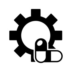 Cogwheel with capsule medicine, illustration of pharmaceutical and medicine production and industry icon vector