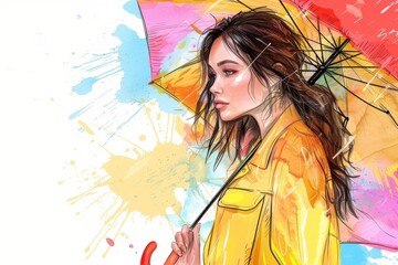 Fototapeta premium Vibrant fashion illustration of a young woman wearing a colorful hat and stylish attire.