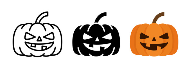Cute Halloween pumpkin icon. Smiling pumpkin vector illustration. Funny pumpkin with scary face symbol. Spooky orange Halloween decoration.