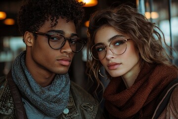 Close-up portrait of a young man and woman wearing glasses and scarves