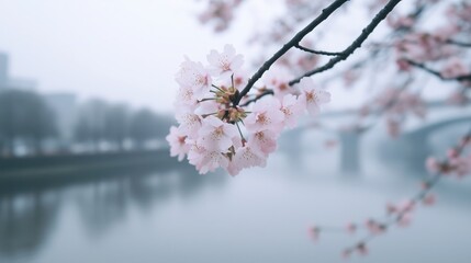 Obraz premium 日本の霧深い川沿いの穏やかな桜 - プリントやポスターの装飾に最適