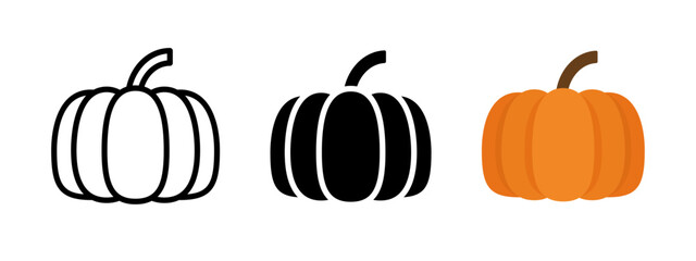 Autumn harvest icon. Ripe pumpkin symbol. Flat cartoon orange pumpkin vector illustration. Halloween or Thanksgiving decoration concept. October gourd outline and flat pictogram.