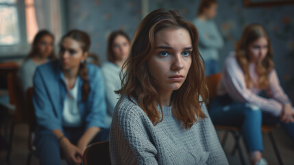 Obraz premium A sad woman sits in group therapy with other women. Blurred background with soft lighting