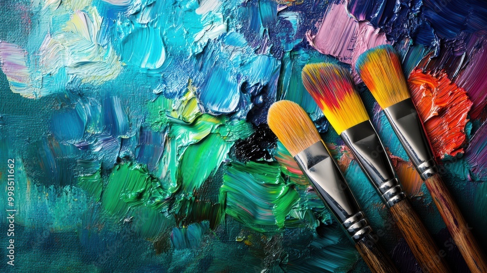 Poster colorful paint splashes and brushes lay against a canvas, showcasing an energetic abstract art creat