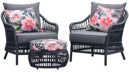 Stylish dark gray lounge armchair with floral cushion set isolated on transparent background