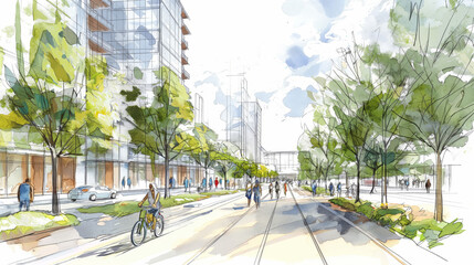 Landscape architecture sketch of an urban street with modern buildings and green trees, people walking and riding bicycles, in watercolor style.

