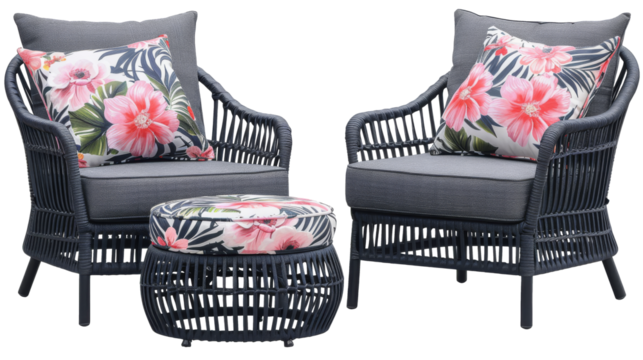 Stylish dark gray lounge armchair with floral cushion set isolated on transparent background