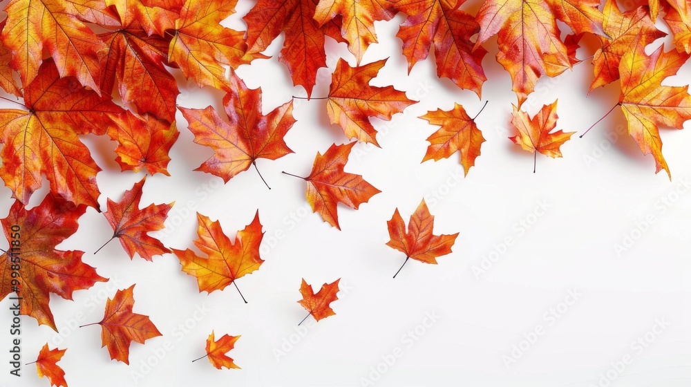Poster a white background with a large number of orange leaves scattered across it