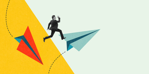 Businessman jumping from one paper airplane to another, symbolizing adaptation and quick...