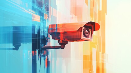 A surveillance camera against a modern, colorful abstract background symbolizes security and technology in urban areas.