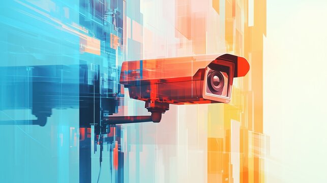 A surveillance camera against a modern, colorful abstract background symbolizes security and technology in urban areas.