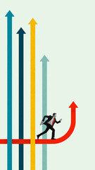 Man running on red arrow among upward arrows, symbolizing breaking through traditional paths to...