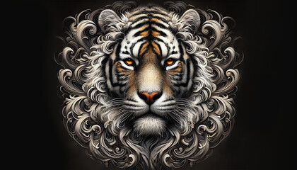 A portrait of a tiger with an intense, regal expression