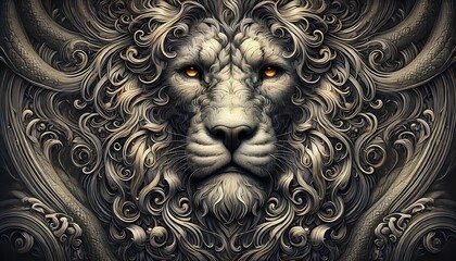 A powerful and mystical portrait of a lion with an intense, regal expression