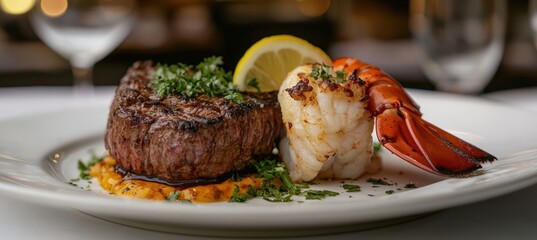 Gourmet Surf and Turf Dish: Juicy Steak with Lobster Tail and Fresh Herb Garnish for Fine Dining Experience