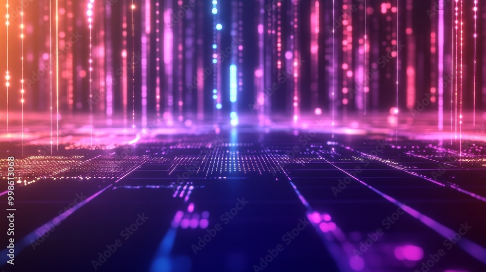 Aufkleber neon futuristic digital grid - abstract cyberspace technology background with copy space