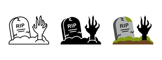 Grave with zombie hand icon. Zombie crawls out of the grave vector illustration. Halloween horror symbol. Scary graveyard and monster arm. Scary tomb with undead hand symbol. Dead man at the cemetery