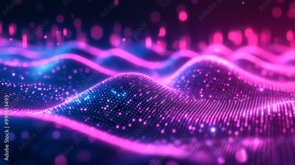 Poster futuristic digital wave pattern with neon dots and motion lines for technology campaigns