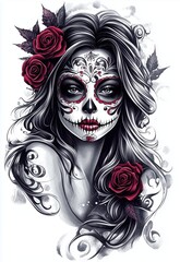 An artistic black and white illustration of a woman with long, flowing hair adorned with bright red roses.