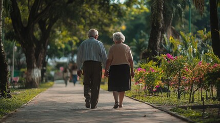 Obraz premium An old man and woman walking happily together in a park